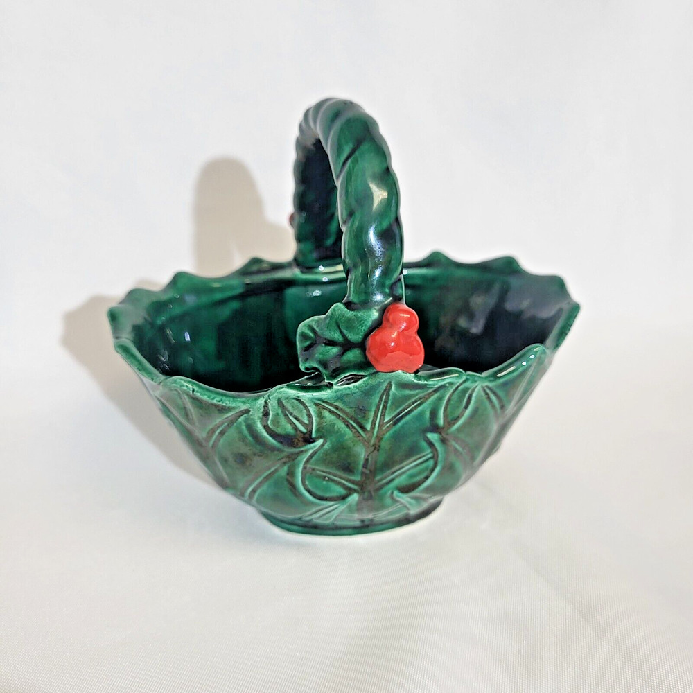 Vintage Lefton Green Holly Candy Bowl with Red Berries and Handle